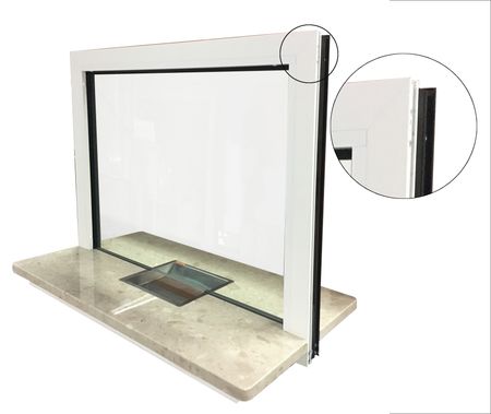 19. Okno podawcze od zewnątrz brązowe, od wewnątrz białe z szybą kuloodporną kl.BR4